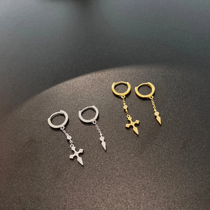 Personalized Statement Design S925 Silver Dissymmetry 5A Zirconia Religious Tassel Cross Pendant Hoop Jewelry Earrings
