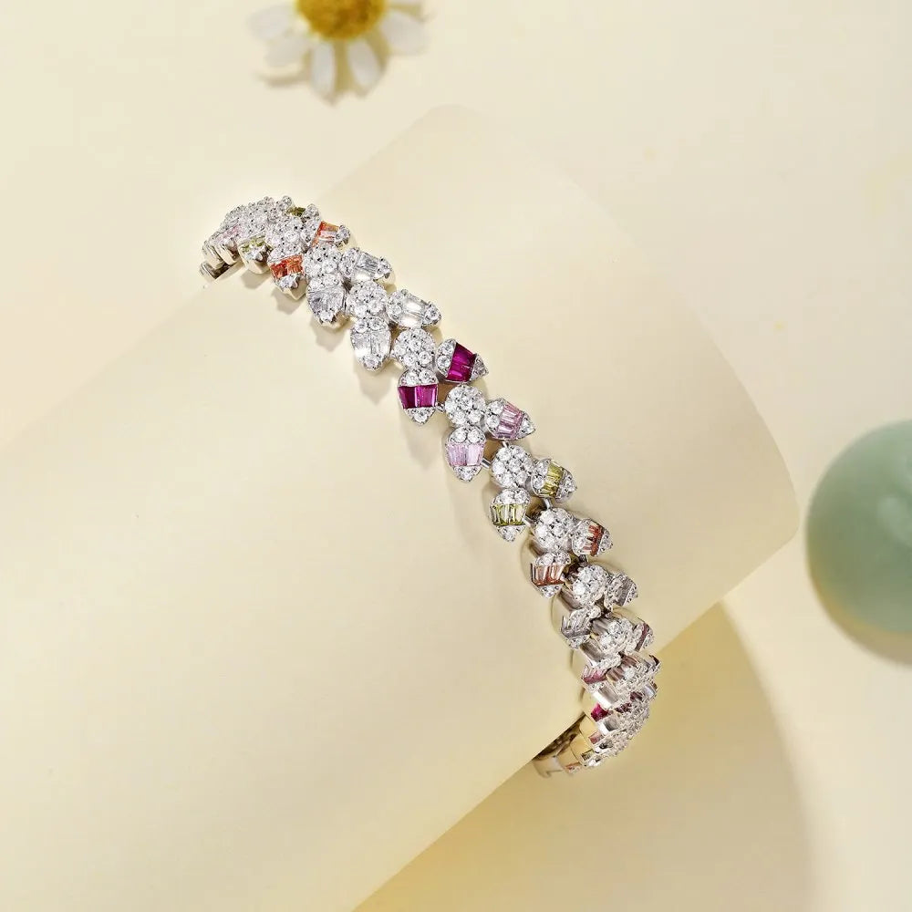 Iced Out S925 Sterling Silver Bracelet Jewelry Set Cz Cubic Zirconia Colorful Pink Stone  Tennis Bracelets Women