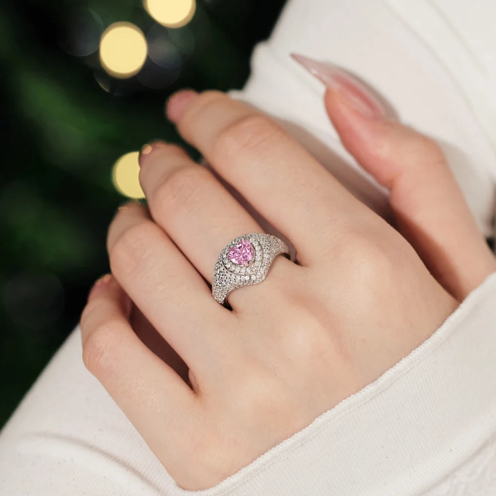 Delicate Christmas Festival Xmas Gifts 925 Sterling Silver Chunky Heart Shape Stone 5A Zirconia Promise Jewelry Rings