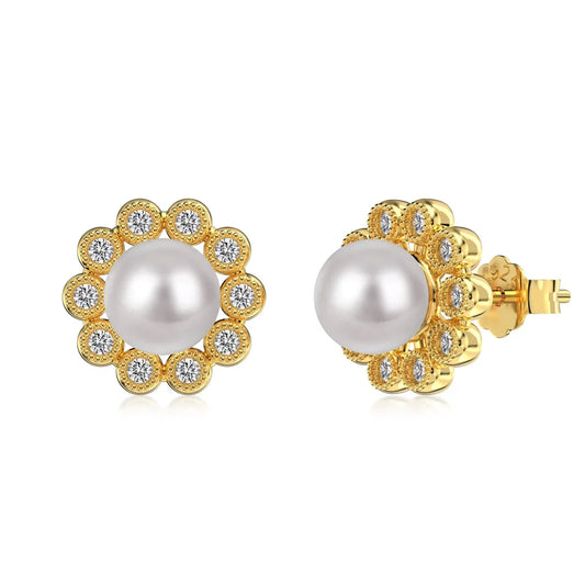Custom Oem Odm 18K Gold Plated S925 Sterling Silver Flower Earring Cubic Zirconia Stud Pearl Earrings for Women Girl Gift