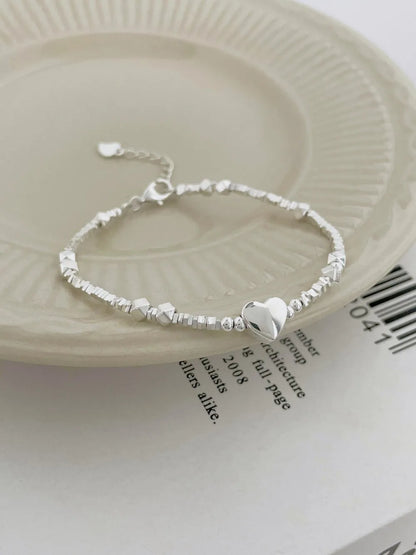 Minimalist Sample Design Hypoallergenic Non Tarnish S925 Silver Bracelet Rhodium Plated Beaded Heart Pendant Bracelet for Women