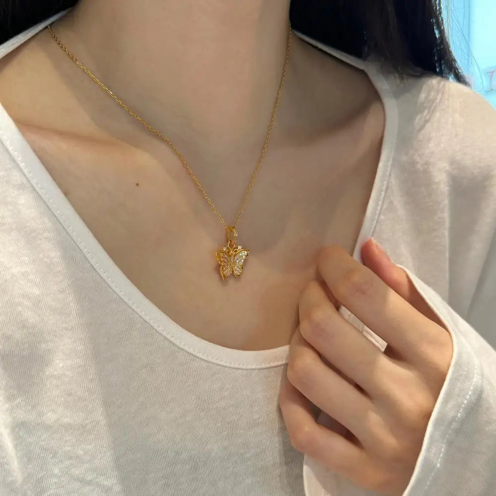 22K Gold Plated  Cz Cubic Zirconia Butterfly Pendant Necklaces Jewelry Women