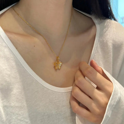 22K Gold Plated  Cz Cubic Zirconia Butterfly Pendant Necklaces Jewelry Women