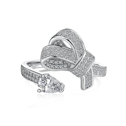 New Arrival Stylish S925 Silver Jewelry Rhodium Plated Resizable 5A Cubic Zirconia Sparkling Adjustable Bow Tie Rings