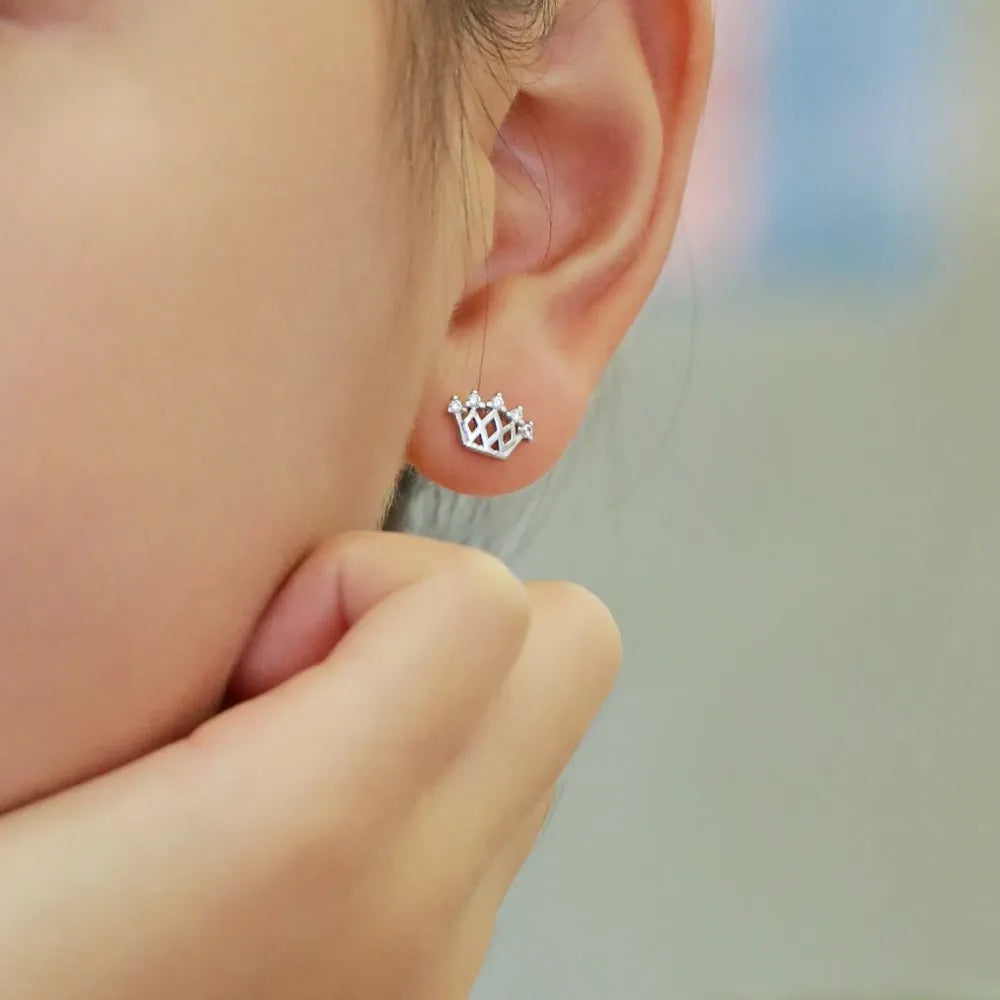 Hypoallergenic Nickel Free 925 Sterling Silver Kid Children 5A CZ Cubic Zirconia Hallow Out Crown Stud Earrings