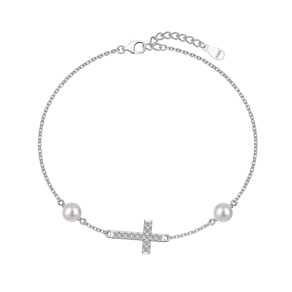 Vintage 18K Gold Plated Jewelry S925 Sterling Silver Bracelet Cz Zircon Cross Charms Freshwater Pearl Bracelets for Women