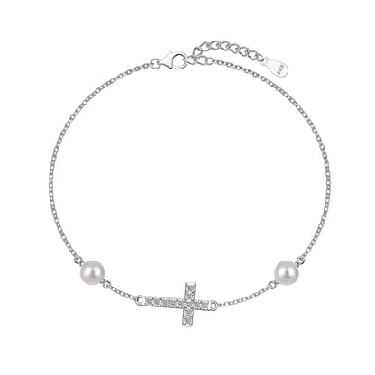 Vintage 18K Gold Plated Jewelry S925 Sterling Silver Bracelet Cz Zircon Cross Charms Freshwater Pearl Bracelets for Women
