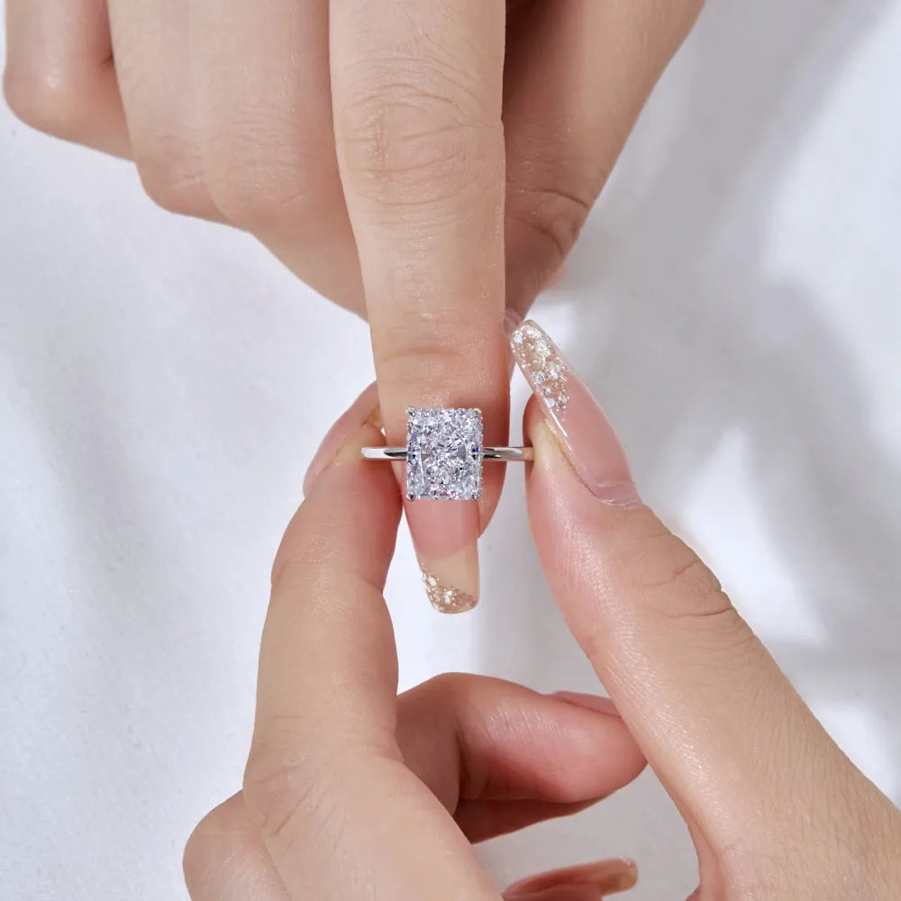 Luxury S925 Silver Crushed Ice Out Cut Super Shining Bright Cut  8A Zirconia Rectangle Engagement Ring for Women