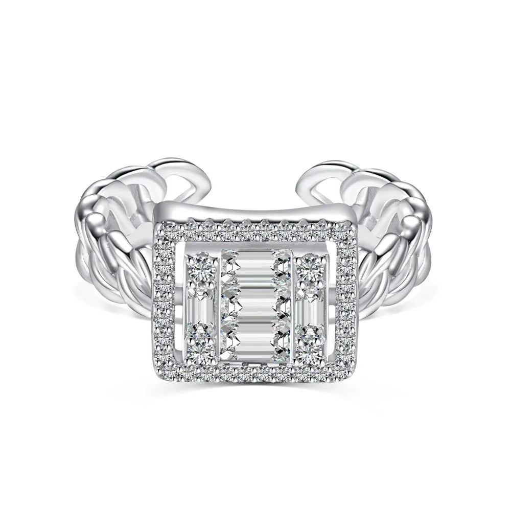 Striking Fine Fashionable Jewelry Solid Sterling Silver Rhodium Plated Wide Baguette 5A Cubic Zirconia Open Rings