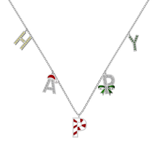 Trending Design Fine Fashion Jewelry S925 Silver Happy New Year Merry Christmas Zircon Alphabet Pendant Necklace