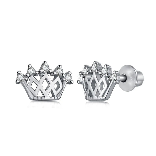 Hypoallergenic Nickel Free 925 Sterling Silver Kid Children 5A CZ Cubic Zirconia Hallow Out Crown Stud Earrings