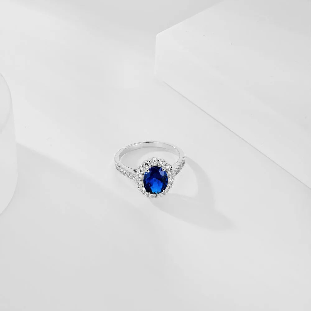 Sparkle Collection Classic Design S925 Silver Rhodium Plated Diamond Sapphire 5A Zirconia Halo Wedding Engagement Rings