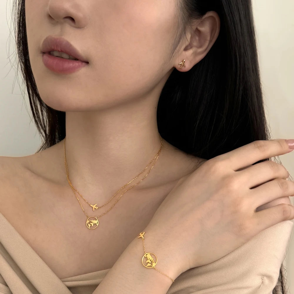 Dylam Trendy S925 Silver Simple World Map Bracelet Globe Bracelet Charm Travel Chain Jewelry Earth Airplane Bracelets for Women