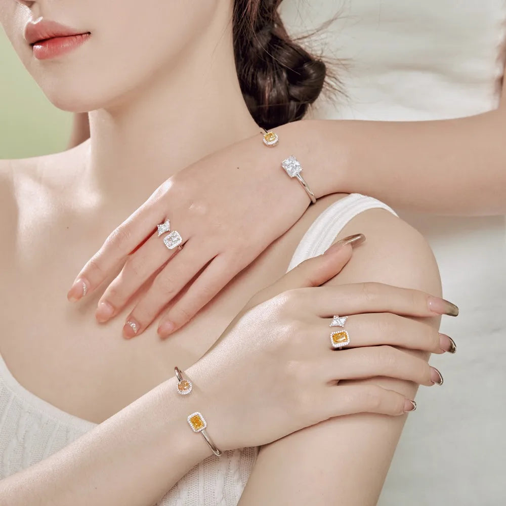 925 Sterling Silver Open Bracelet Square Circle Cuff  Jewellery Fine Jewelry Cubic Zirconia Bracelets Bangles for Women