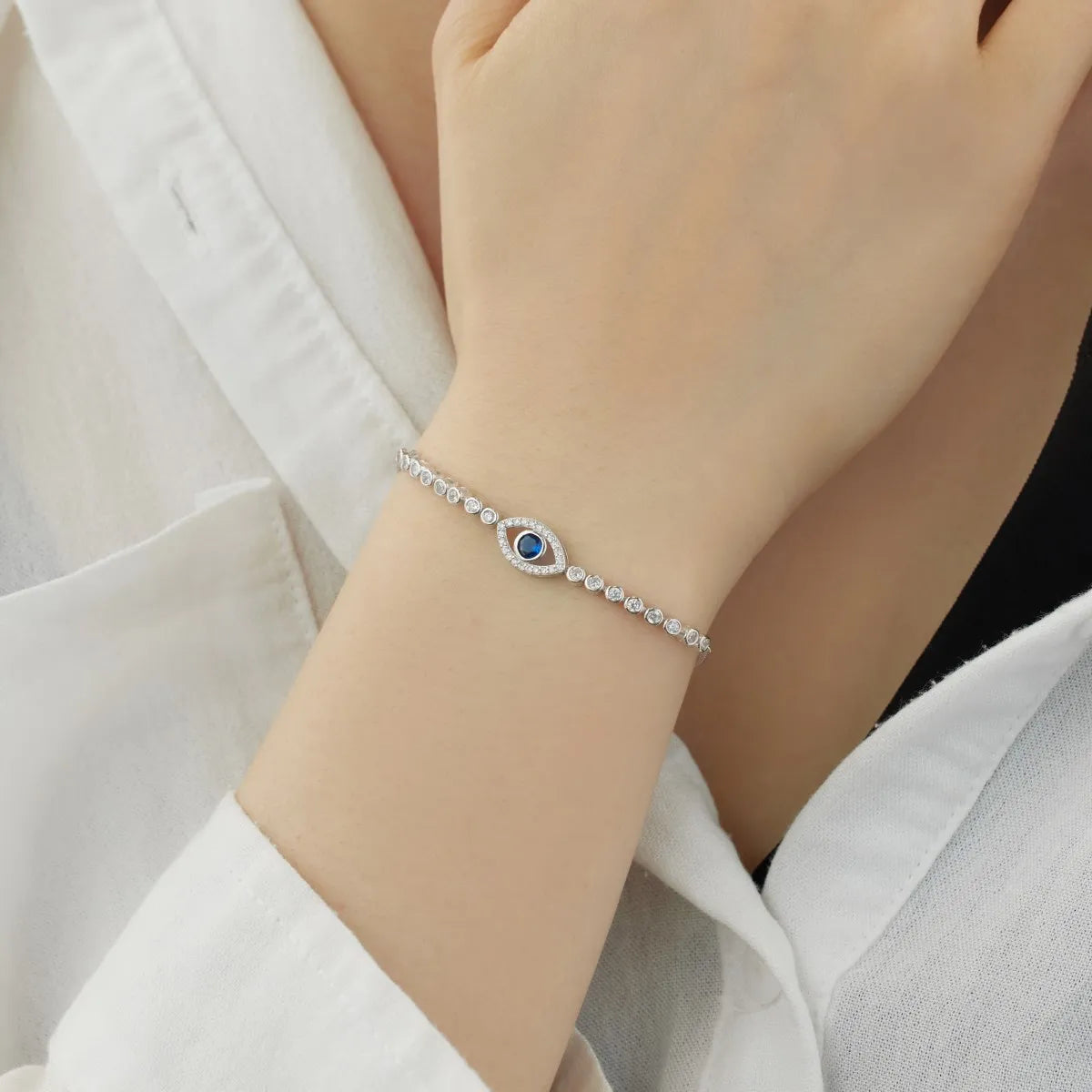 Custom Fine Jewelry Blue Zirconia Diamond Bracelet 925 Sterling Silver Devil Eye Tennis Chain Adjustable Bracelets Women
