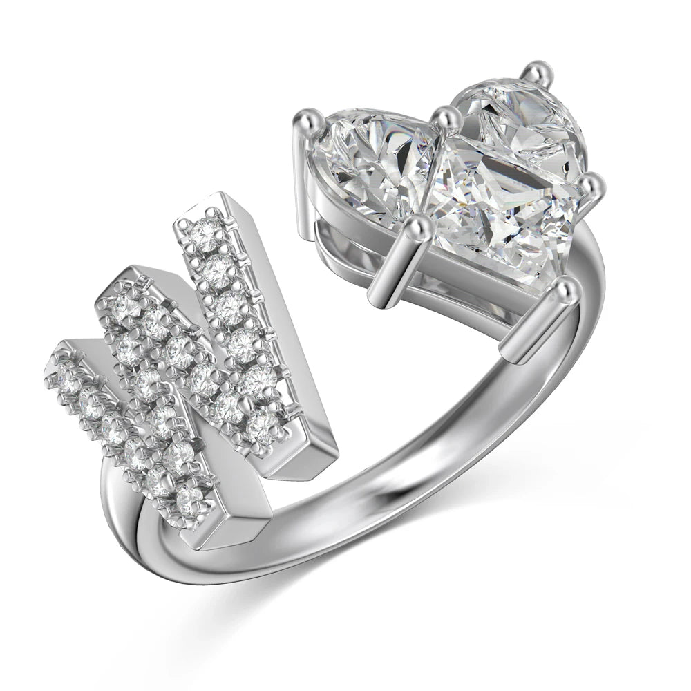 Women Girls Teens Dainty 925 Sterling Silver Heart-shaped 5A Cubic Zirconia Initial Letter W Open Adjustable Rings