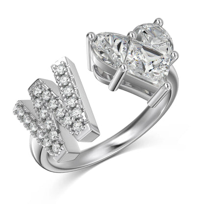 Women Girls Teens Dainty 925 Sterling Silver Heart-shaped 5A Cubic Zirconia Initial Letter W Open Adjustable Rings