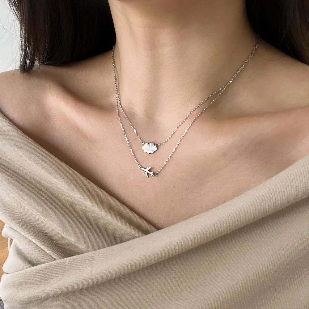 Hot Sale Creative Airplane Cloud Chain Pendant 18K Gold Plated Double Layered Necklace Exquisite S925 Silver Necklaces for Women