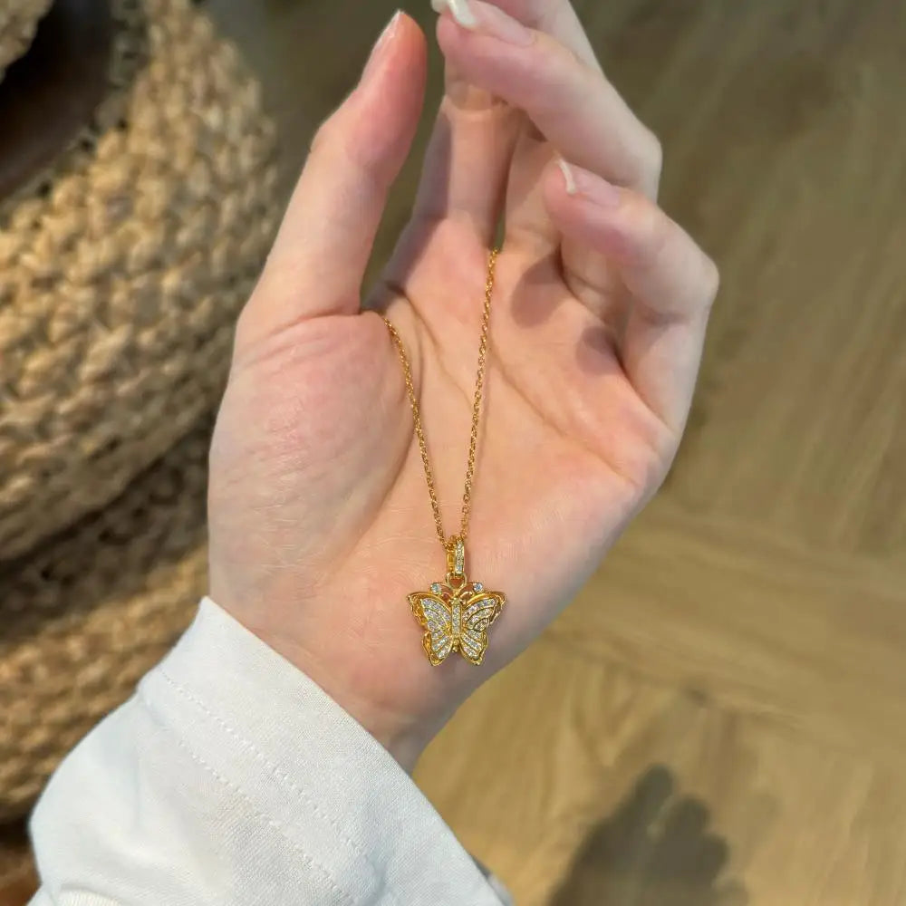 22K Gold Plated  Cz Cubic Zirconia Butterfly Pendant Necklaces Jewelry Women