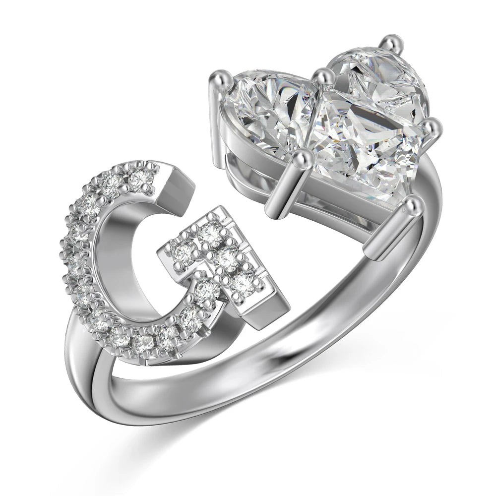 925 Sterling Silver 5A Zirconia Women Alphabet Capital Letter G Initial Stackable Adjustable Heart Rings Jewelry Gifts