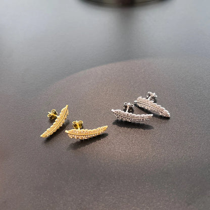 Fine Jewelry Supplier 925 Sterling Silver Non Tarnish Feather 5A Grade Cubic Zirconia Leaf Shape Stud Earrings for Women