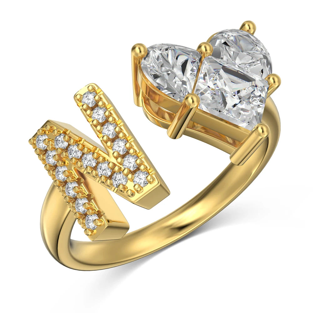Sterling Silver 5A CZ Stackable Initial Rings Heart Capital N Letter Initial Rings for Women Teens Girls Letter Rings