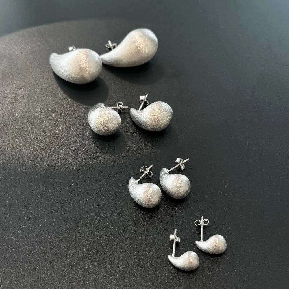 Fashion Statement Design  S925 Silver Waterdrop Shape Brushed Surface Multiple Size Stud Earrings for Women Accessories