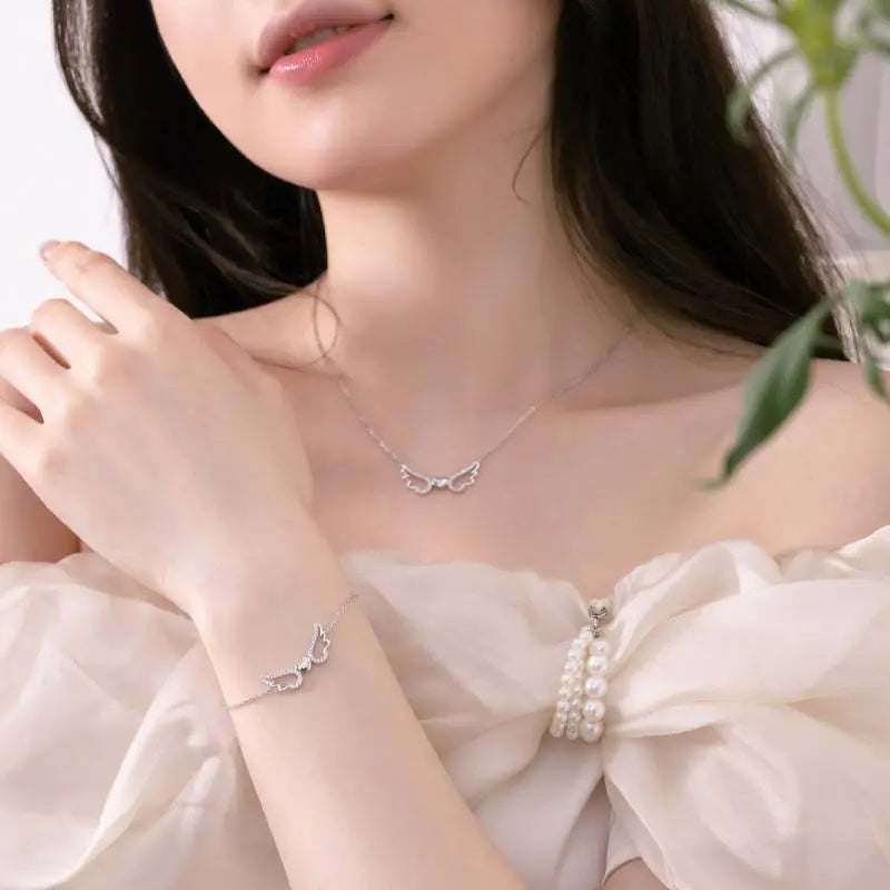 Fine Jewelry Oem Odm Boho 18K Gold Plated Unique Heart Cute Angel Wings Designer Bracelet Necklace Set Cz Bracelets Women