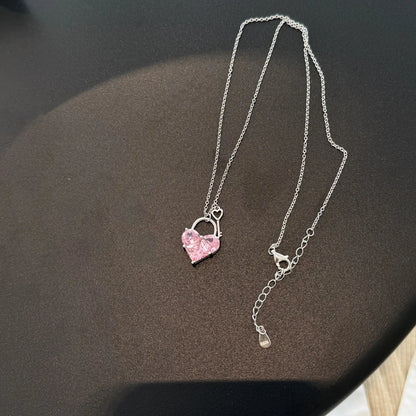 Cute New Design Women Dress up Jewelry S925 Silver Chain Pink 5A Cubic Zirconia Heart Key Pendant Necklaces Jewellery