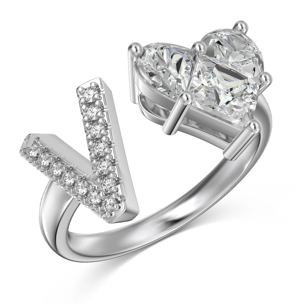 Personalized Statement Dress up Jewelry Rings S925 Silver 26 A-Z Initial Letter V Heart 5A Cubic Zirconia Open Rings