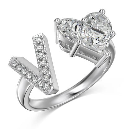 Personalized Statement Dress up Jewelry Rings S925 Silver 26 A-Z Initial Letter V Heart 5A Cubic Zirconia Open Rings