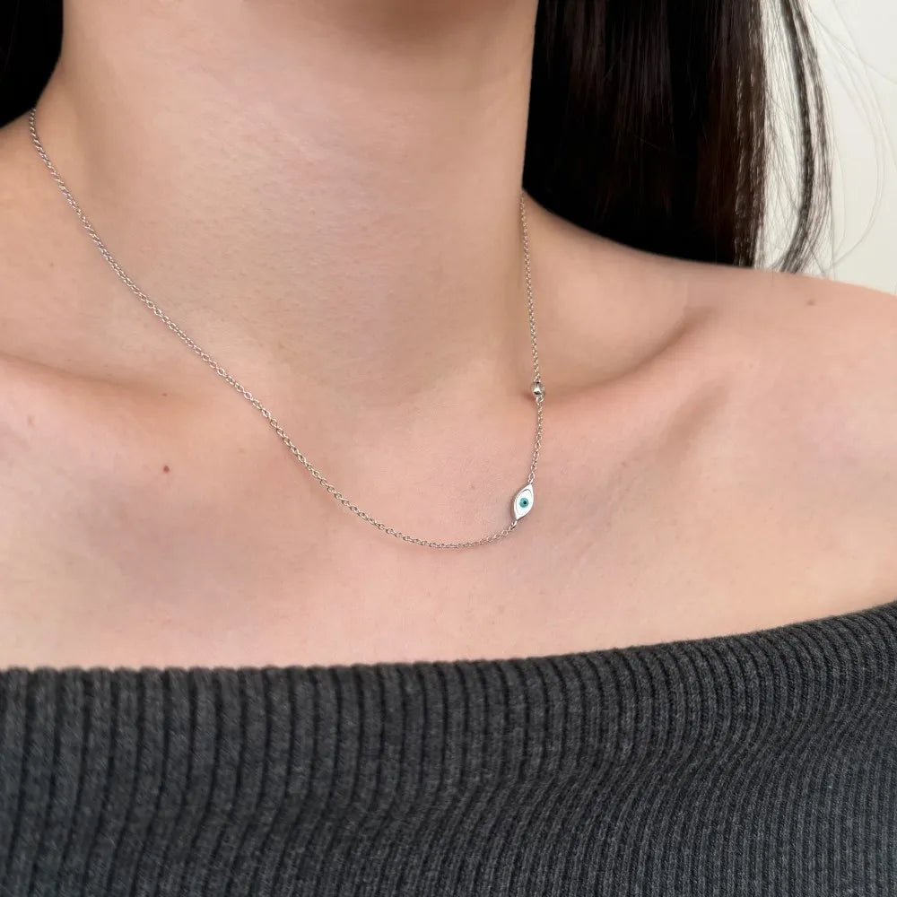 Simplicity Design Solid 925 Sterling Silver Link Chain Enamel 5A Cubic Zirconia Evil Blue Eyes Chain Necklace for Women