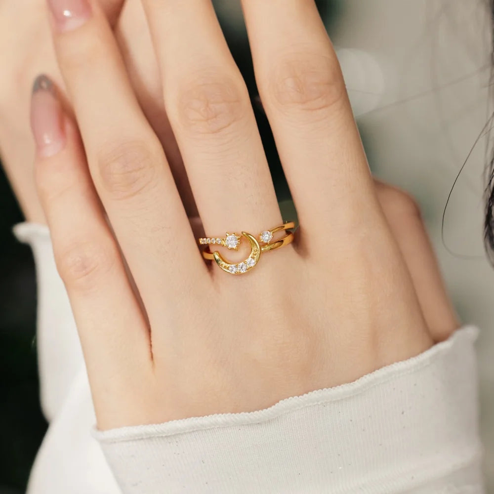 Good Christmas Xmas Festival Gift Presents Jewellery S925 Silver Double Layer Moon Crescent Star 5A Zirconia Jewelry Rings