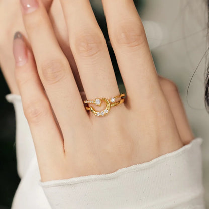 Good Christmas Xmas Festival Gift Presents Jewellery S925 Silver Double Layer Moon Crescent Star 5A Zirconia Jewelry Rings