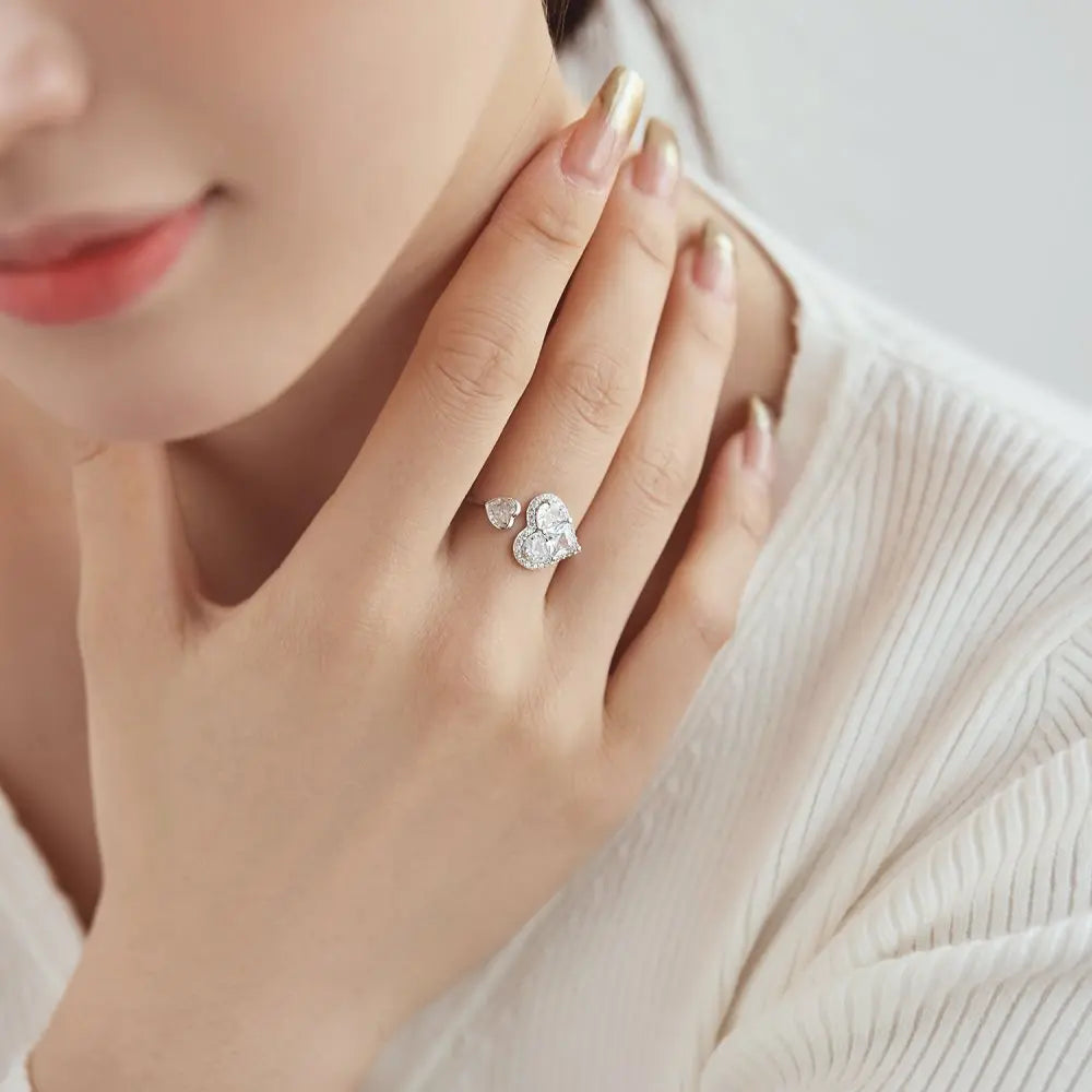 Fashion Design Trendy Silver Jewellery Rhodium 18K Gold Plated Open Adjustable Double Heart Shape Silver Rings