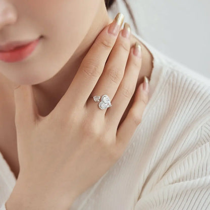 Fashion Design Trendy Silver Jewellery Rhodium 18K Gold Plated Open Adjustable Double Heart Shape Silver Rings