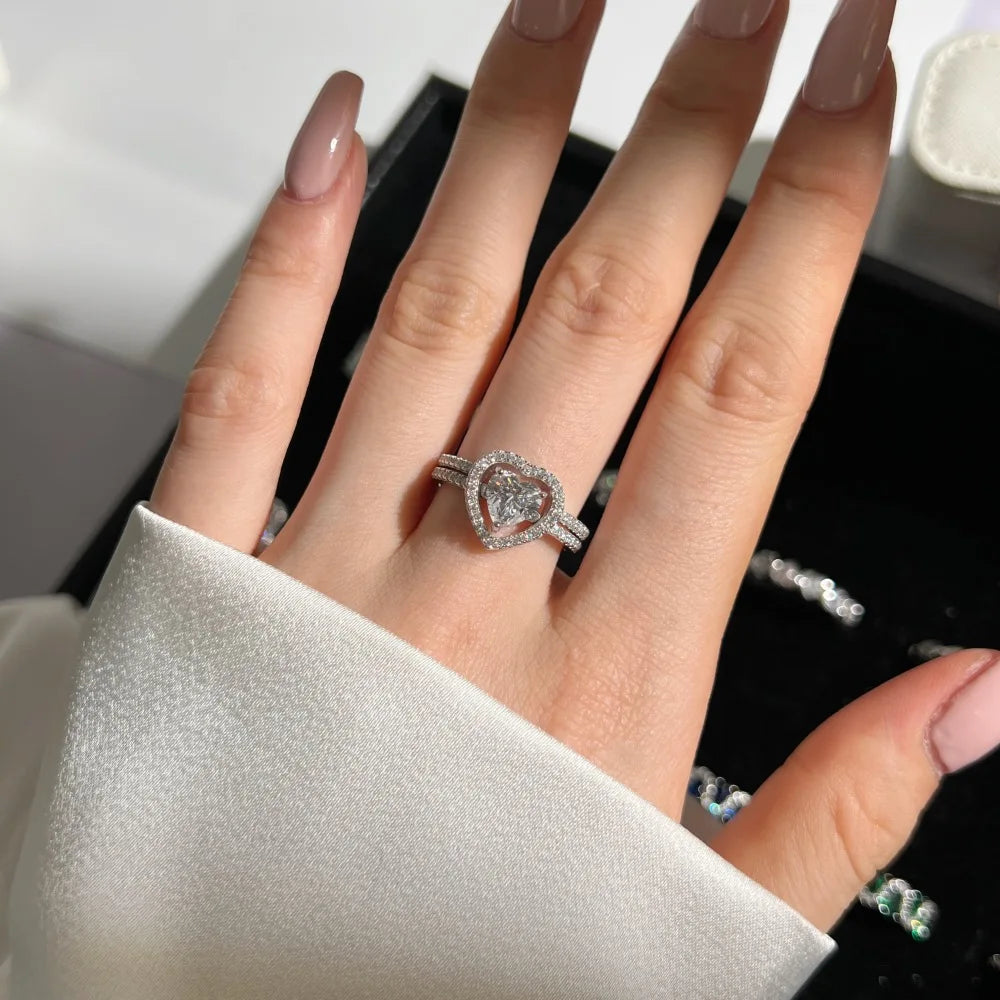Statement Fine Jewelry S925 Silver Rhodium Plated Women 5A Cubic Zirconia Heart Shape Jewelry Detachable Set Rings