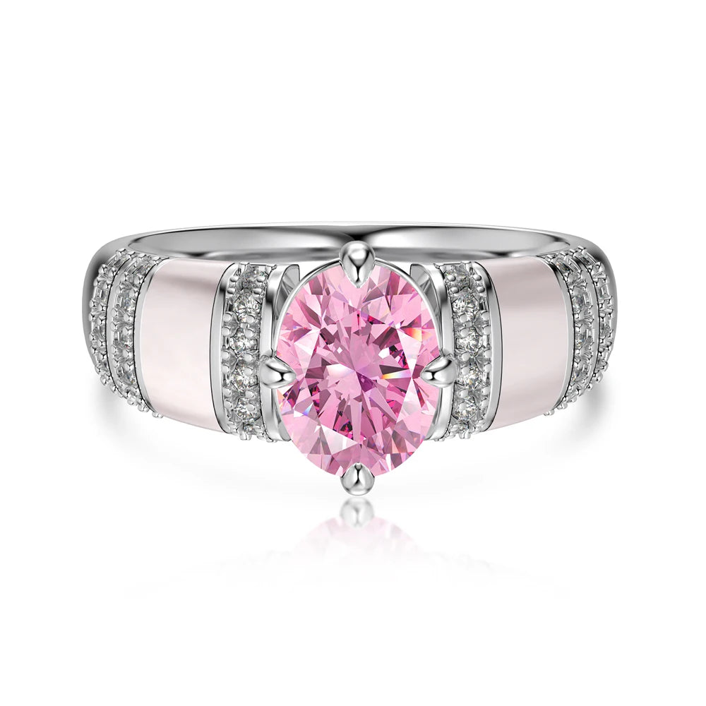 Exclusive Design Fine Jewelry S925 Silver 1.25ct Oval 5A Cubic Zirconia Natural Pink Shellfish Eternity Band Women Rings