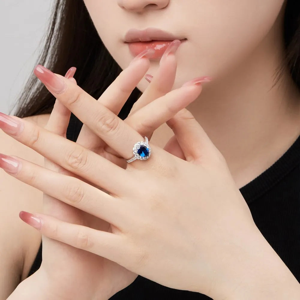 Sparkle Collection Classic Design S925 Silver Rhodium Plated Diamond Sapphire 5A Zirconia Halo Wedding Engagement Rings