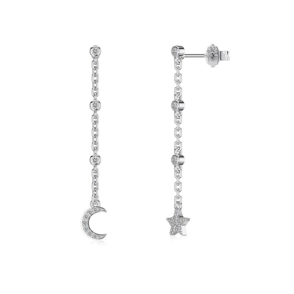 Trendy Minimalist Design Tarnish Free S925 Silver 5A Zirconia Crescent Star Tassel Dangle Stud Earrings for Women Dress up