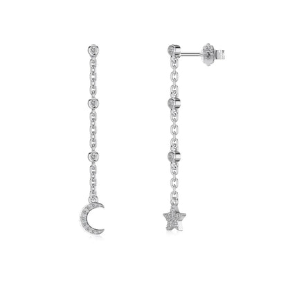 Trendy Minimalist Design Tarnish Free S925 Silver 5A Zirconia Crescent Star Tassel Dangle Stud Earrings for Women Dress up