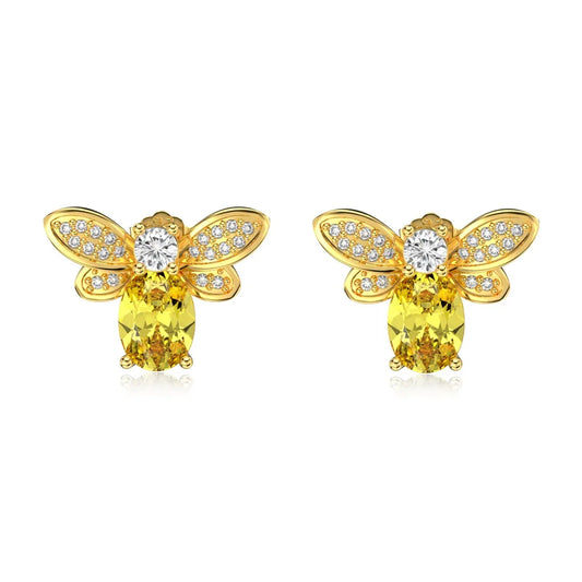 Cute Style Solid Sterling Silver Hypoallergenic 18K Gold Plated Topaz 5A Cubic Zirconia Stone Bee Shape Stud Earrings
