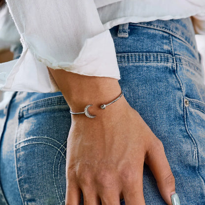 Simple S925 Sterling Silver Bangle Handmade 5A Cz Cubic Zirconia Heart and Moon Shaped Bracelet Cuff Bangles for Women
