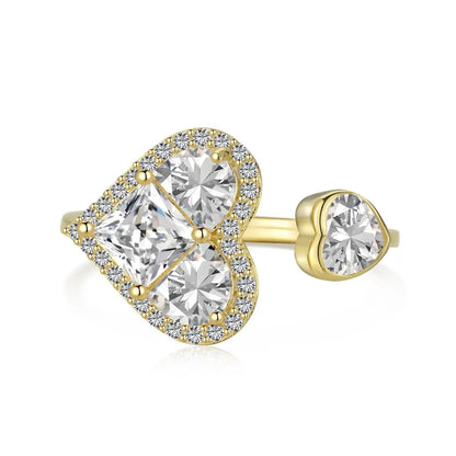 Fashion Design Trendy Silver Jewellery Rhodium 18K Gold Plated Open Adjustable Double Heart Shape Silver Rings