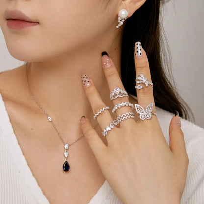 New Arrival Stylish S925 Silver Jewelry Rhodium Plated Resizable 5A Cubic Zirconia Sparkling Adjustable Bow Tie Rings