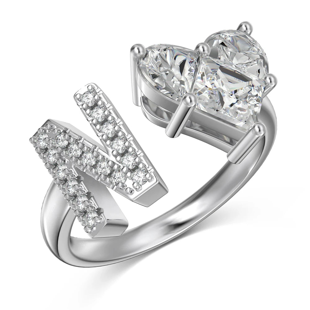Sterling Silver 5A CZ Stackable Initial Rings Heart Capital N Letter Initial Rings for Women Teens Girls Letter Rings