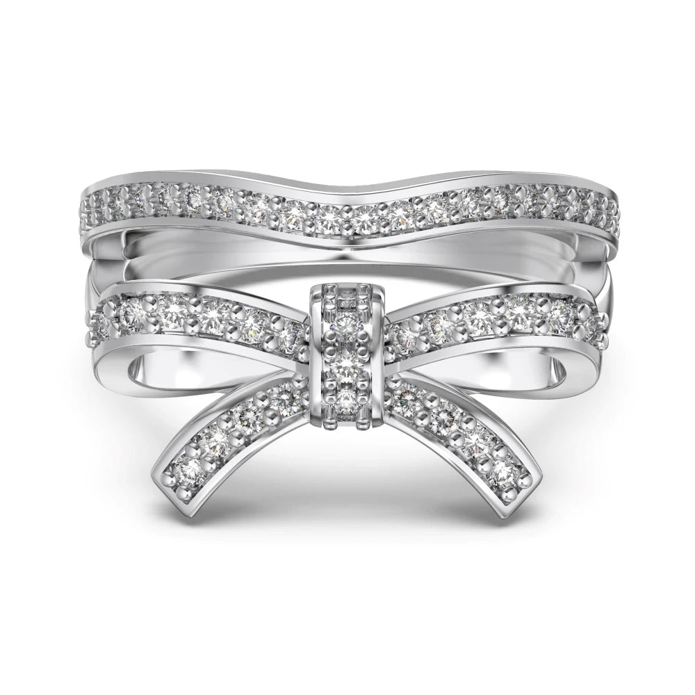 Trendy Design Christmas Xmas Jewelry Gift 925 Sterling Silver Double Layers Bow-knot 5A Cubic Zirconia Shiny Jewelry Rings