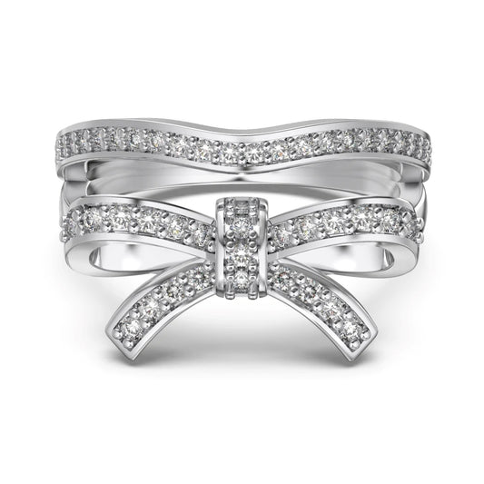 Trendy Design Christmas Xmas Jewelry Gift 925 Sterling Silver Double Layers Bow-knot 5A Cubic Zirconia Shiny Jewelry Rings