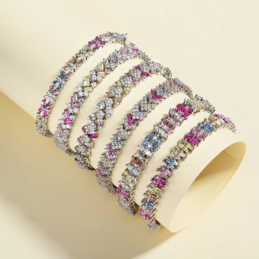 Iced Out S925 Sterling Silver Bracelet Jewelry Set Cz Cubic Zirconia Colorful Pink Stone  Tennis Bracelets Women