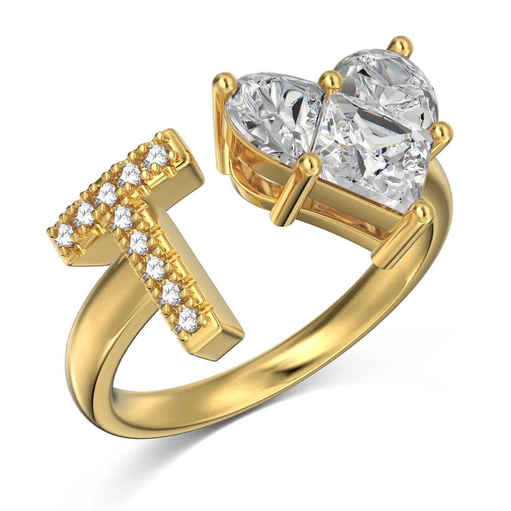 0.75 Carat Heart Shaped 5A Cubic Zircon Simulated Diamond Open Adjustable Wedding Anniversary A-Z Alphabet Initial T Ring